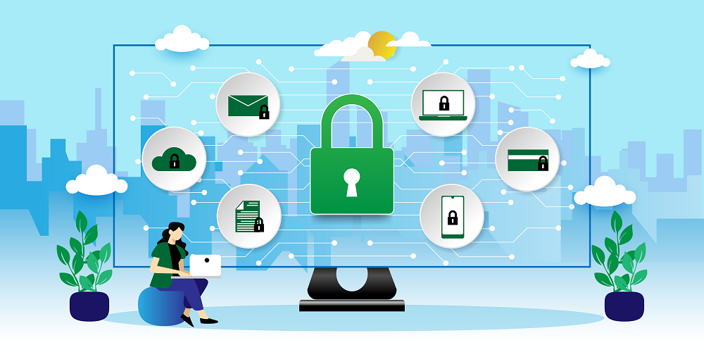 Cybersecurity image with a lock in the center surrounded by media types overlayed with locks.